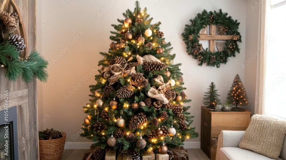 A Christmas tree with a natural, rustic theme, decorated with pinecones, A Christmas tree with a natural, rustic theme, decorated with pinecones,