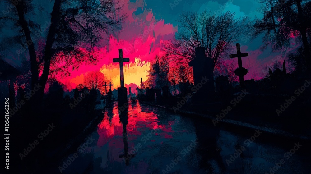 halloween concept. old cemetery and lanterns in night fog halloween concept. old cemetery and lanterns in night fog