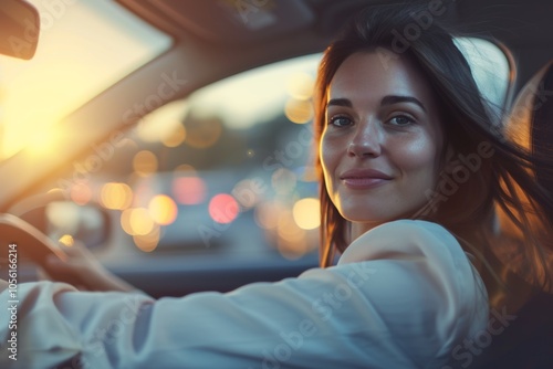 Attractive smiling businesswoman driving her car during sunset in a city, enjoying the ride with a confident expression photo