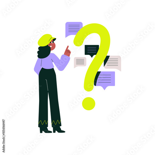 Female Character With Question Mark Symbolizing Customer Questions, Curiosity, Decision Making, And Problem Solving In Flat Vector Illustration, Isolated On White Background