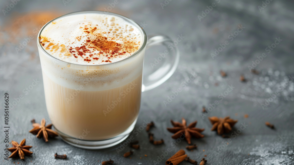delicious cappuccino with cinnamon in a transparent glass mug on a gray background delicious cappuccino with cinnamon in a transparent glass mug on a gray background