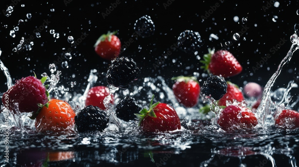 A collection of mixed berries falling into water, each fruit surrounded by splashes, A collection of mixed berries falling into water, each fruit surrounded by splashes,