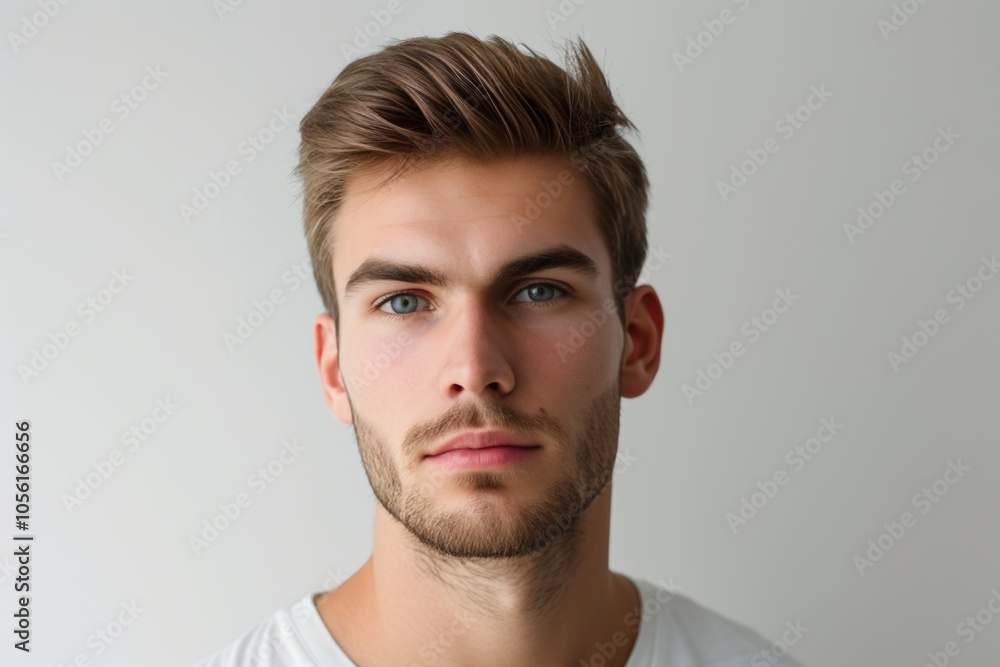 Close up of a confident young man with serious expression, focusing intently on a task against a neutral background Close up of a confident young man with serious expression, focusing intently on a task against a neutral background