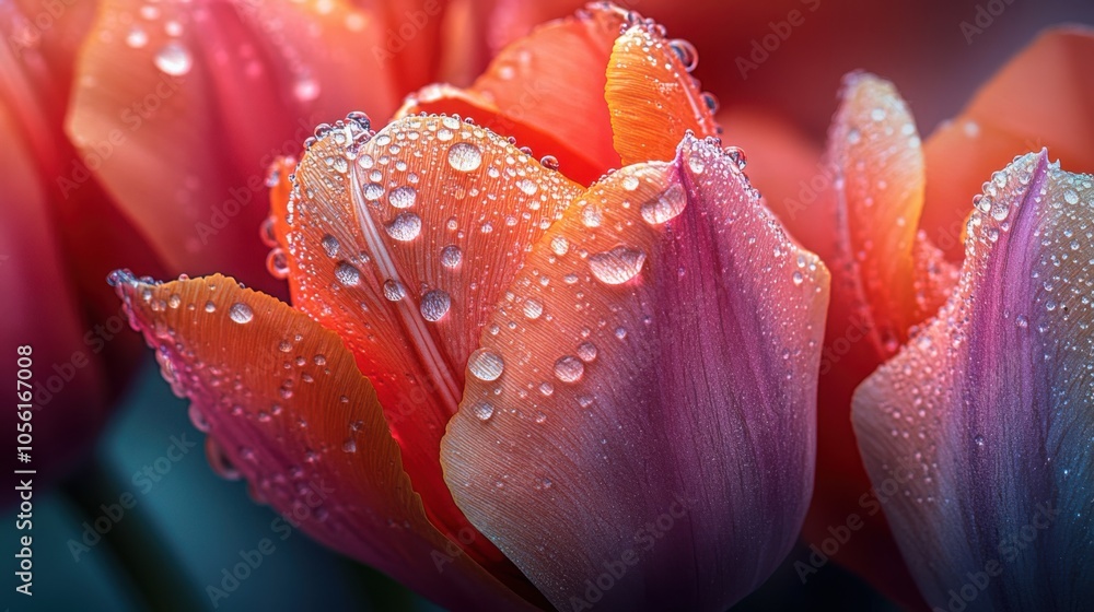 A detailed and vivid photograph of blooming tulips with water droplets delicately A detailed and vivid photograph of blooming tulips with water droplets delicately