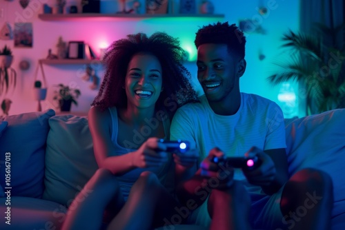 Excited Black gamer girl and young man enjoying a gaming session together in a colorful, cozy living room at night