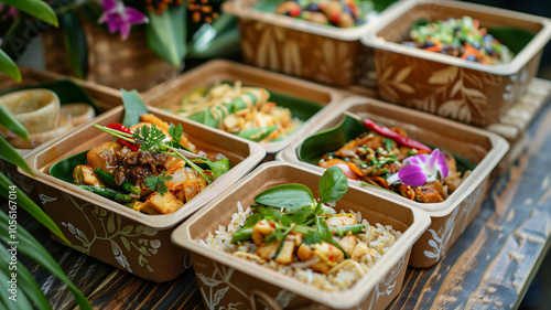 eco-friendly twist on modern Thai food lunch boxes, with biodegradable plastic packaging showcasing the fusion of sustainability and culinary innovation