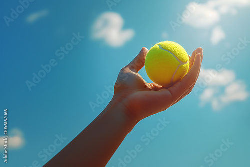 Hand holding tennis ball under blue sky, symbolizing sport, fun and precision.