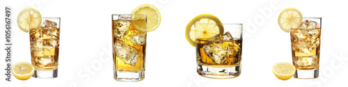 Set of A whiskey highball with a lemon slice, isolated on a transparent background cutout
