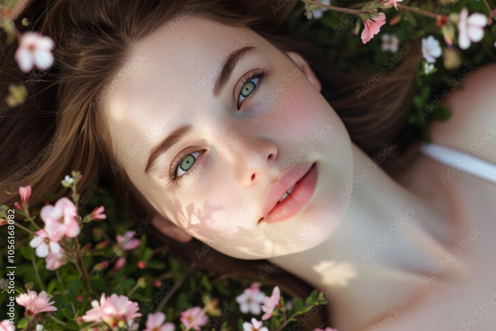 Fototapeta premium A serene young woman lies peacefully in a vibrant flower bed during a sunny afternoon, surrounded by delicate blooms