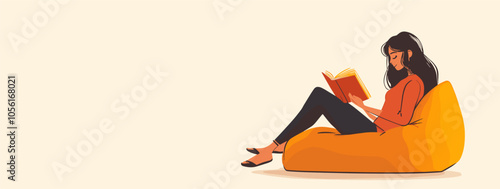 vector girl reading book on bean bag chair .Generative AI