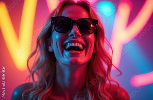 A joyful woman smiles brightly against a vibrant neon background during a lively evening celebration in a trendy urban setting