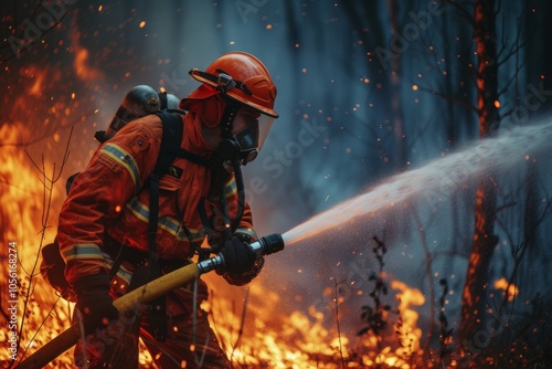 Brave firefighter battling a forest fire at dusk using a hose to combat the flames