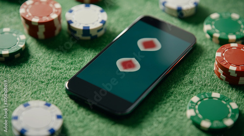 Smartphone displaying dice game surrounded by colorful poker chips on green table