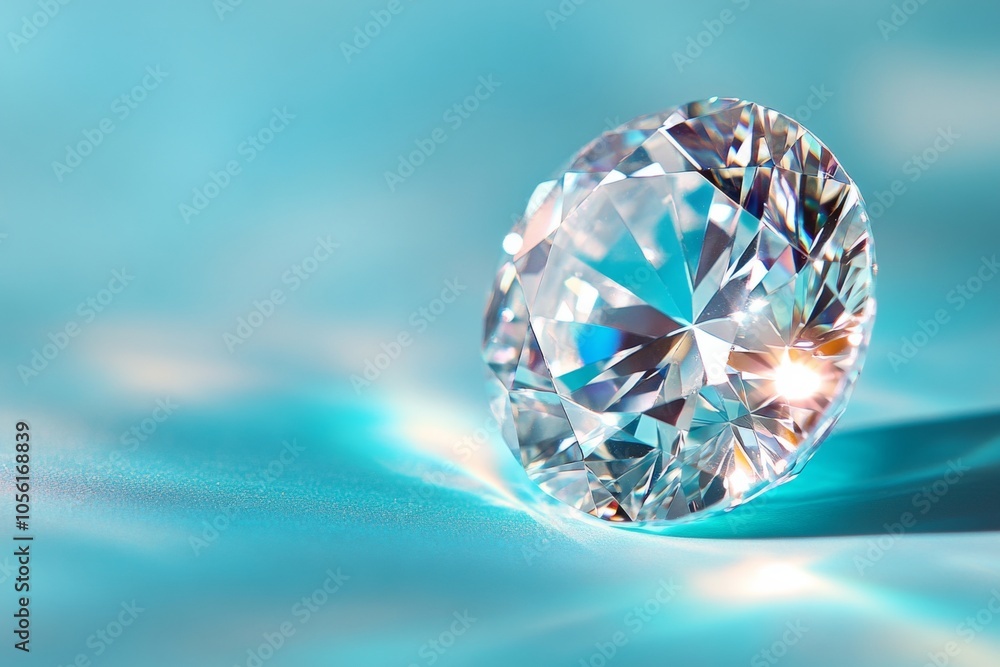 Stunning round brilliant cut diamond elegantly displayed against a soft, light blue background Stunning round brilliant cut diamond elegantly displayed against a soft, light blue background