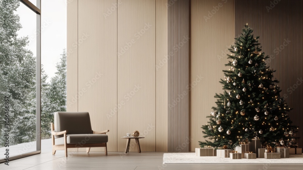 A modern Christmas tree with minimalist decorations, A modern Christmas tree with minimalist decorations,