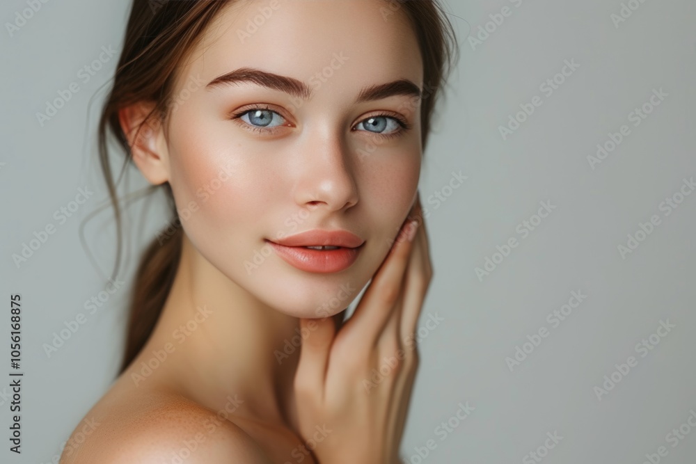 Smiling woman in a natural setting gently touching her face, showcasing flawless skin and sparkling blue eyes Smiling woman in a natural setting gently touching her face, showcasing flawless skin and sparkling blue eyes