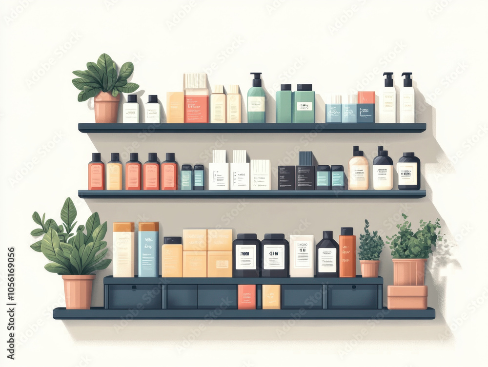 A visually appealing shelf displays various cosmetics, skincare products, and potted plants, creating a stylish and organized aesthetic. A visually appealing shelf displays various cosmetics, skincare products, and potted plants, creating a stylish and organized aesthetic.