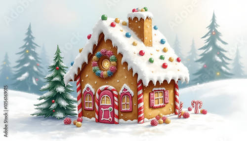 Charming gingerbread house with colorful decorations, snowy landscape, festive atmosphere, copy space