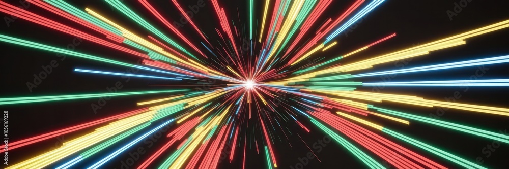 Neon light streaks radiating from the center on a dark background. Wide banner Neon light streaks radiating from the center on a dark background. Wide banner