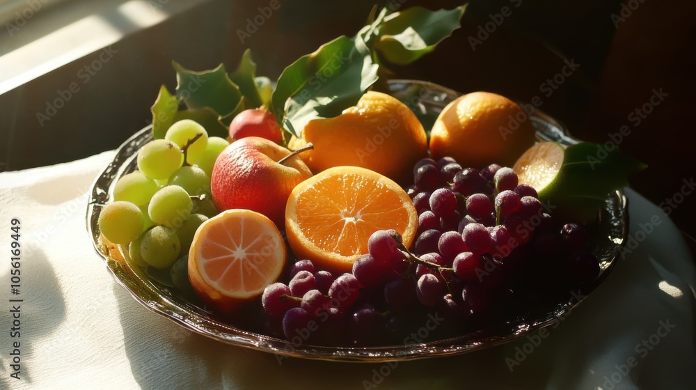 A platter of assorted winter fruits, bathed in warm, A platter of assorted winter fruits, bathed in warm,