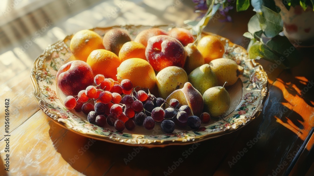 A platter of assorted winter fruits, bathed in warm, A platter of assorted winter fruits, bathed in warm,