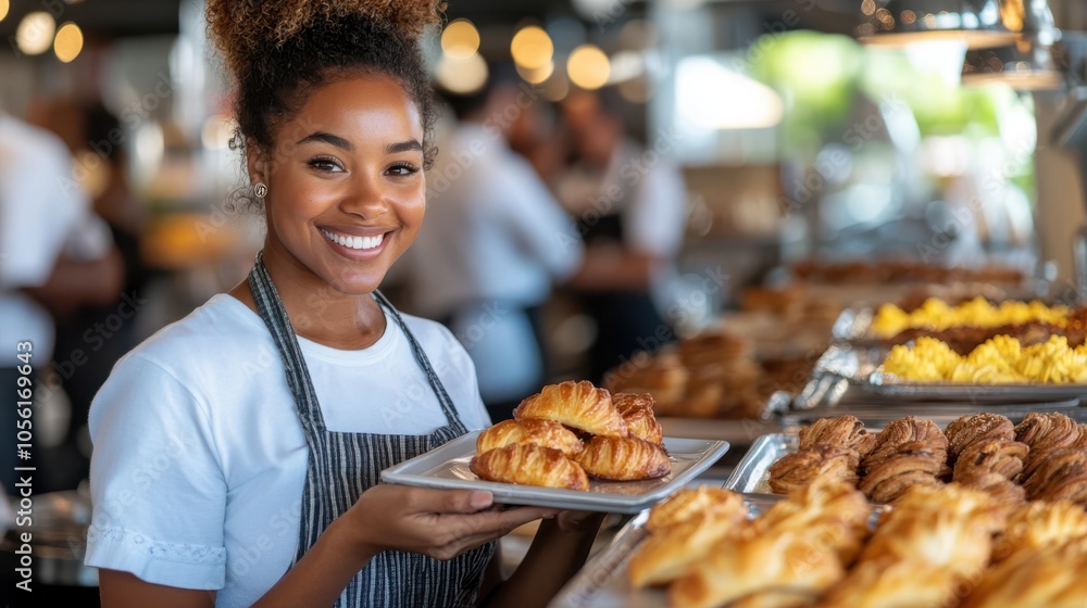 A joyful bakery employee with braided hair showcases a plate of croissants amid vibrant shelves of baked goods in an elegant and inviting bakery environment. A joyful bakery employee with braided hair showcases a plate of croissants amid vibrant shelves of baked goods in an elegant and inviting bakery environment.