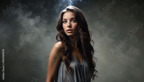 Portrait of young gentle brunette woman on gray background in gray dress in soft light