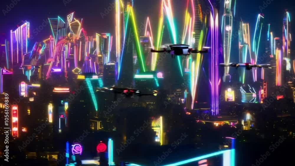 A futuristic city skyline with glowing, neon-lit skyscrapers and flying drones zooming by in the night sky. A futuristic city skyline with glowing, neon-lit skyscrapers and flying drones zooming by in the night sky.
