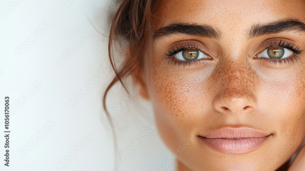 The image focuses on the woman's distinct facial features, showing her radiant eyes and alluring freckles under gentle lighting, creating a timeless look. The image focuses on the woman's distinct facial features, showing her radiant eyes and alluring freckles under gentle lighting, creating a timeless look.