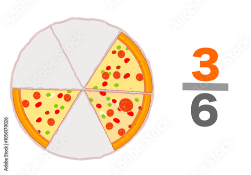 Sixths three for six divide. Fraction pizzas examples. slices whole halve 3, 6. cheap. Pie chart ratio infographic. Triplet eaten pizza slices, half remaining. Maths worksheet. Vector illustration