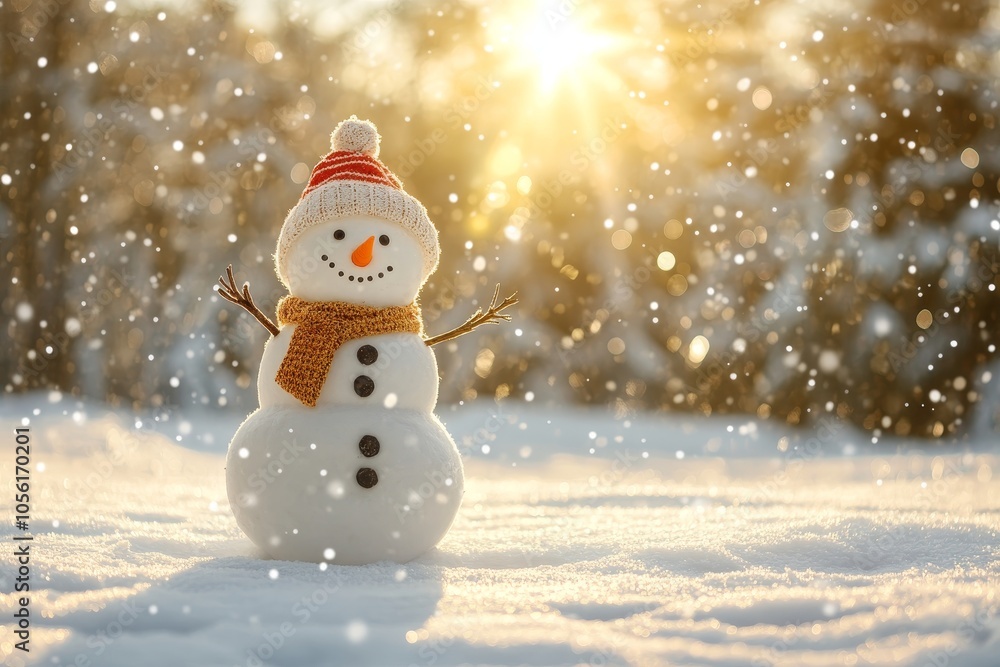Charming christmas and new year greeting card featuring a snowman in a winter wonderland scene Charming christmas and new year greeting card featuring a snowman in a winter wonderland scene