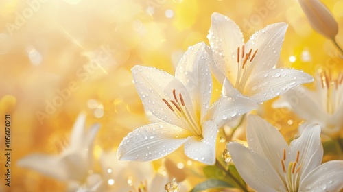 A serene and peaceful image of delicate white lilies with water droplets,