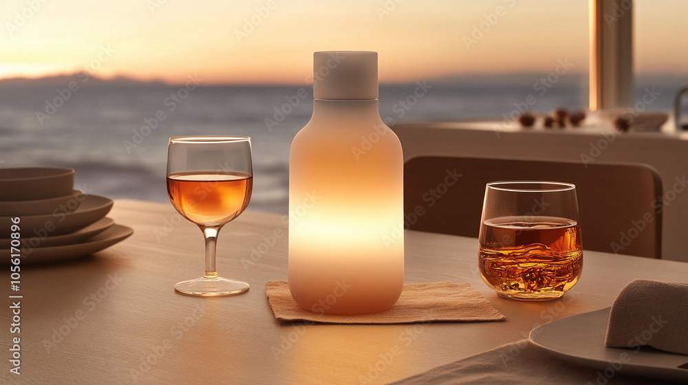 Elegant evening table setting with illuminated bottle and glasses at sunset by the ocean Elegant evening table setting with illuminated bottle and glasses at sunset by the ocean
