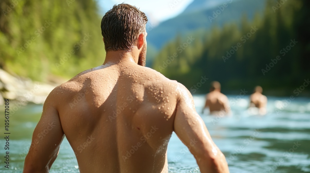 A solitary man is pictured journeying through a calming river, amidst a panorama of lush forestry and serene mountains, signifying harmony and freedom. A solitary man is pictured journeying through a calming river, amidst a panorama of lush forestry and serene mountains, signifying harmony and freedom.