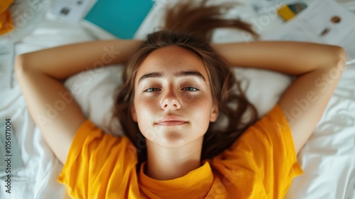 A serene woman with eyes closed, embracing tranquility while lying on a cozy bed in a warmly lit room, capturing a moment of peace and relaxation indoors. photo