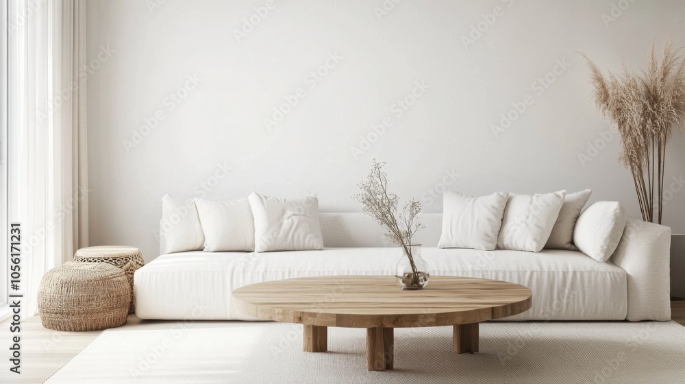 Naklejka premium A stylish Scandinavian living room featuring a round wooden coffee table