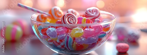 A bowl of candy, filled with colorful candies and lollipops, in the style of detailed character design