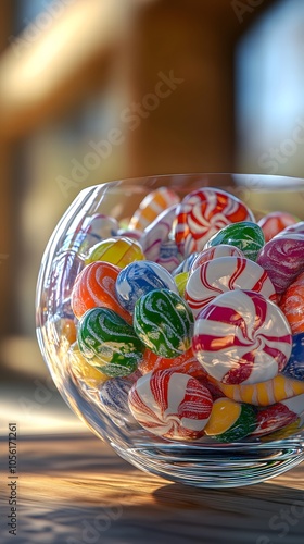 A bowl of candy, filled with colorful candies and lollipops, in the style of detailed character design