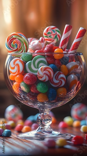 A bowl of candy, filled with colorful candies and lollipops, in the style of detailed character design