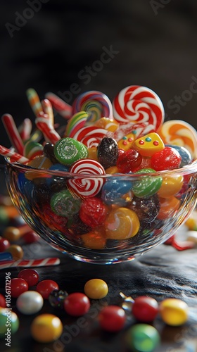 A bowl of candy, filled with colorful candies and lollipops, in the style of detailed character design
