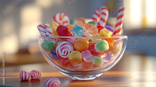 A bowl of candy, filled with colorful candies and lollipops, in the style of detailed character design