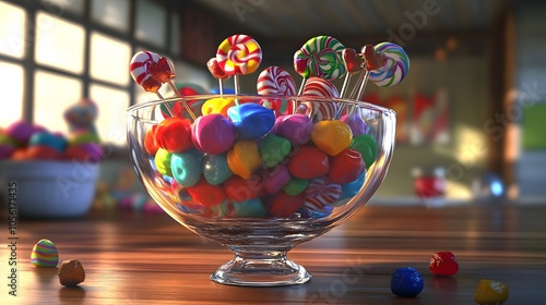 A bowl of candy, filled with colorful candies and lollipops, in the style of detailed character design