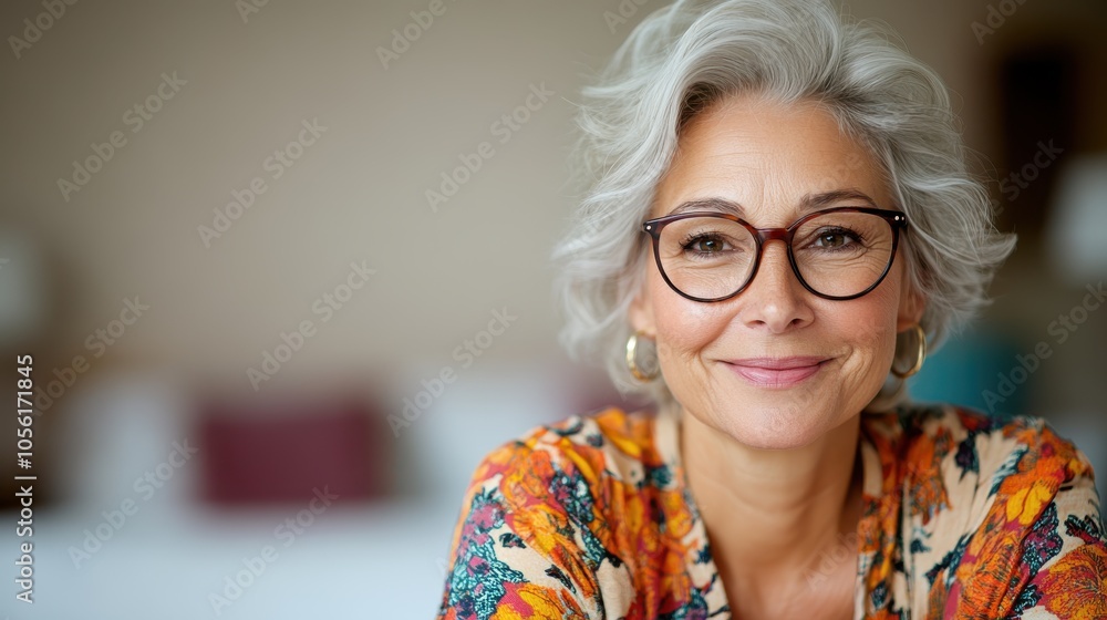 A joyful, gray-haired woman with glasses and a vibrant patterned top, exuding warmth and wisdom, smiles softly while being comfortably seated at home. A joyful, gray-haired woman with glasses and a vibrant patterned top, exuding warmth and wisdom, smiles softly while being comfortably seated at home.