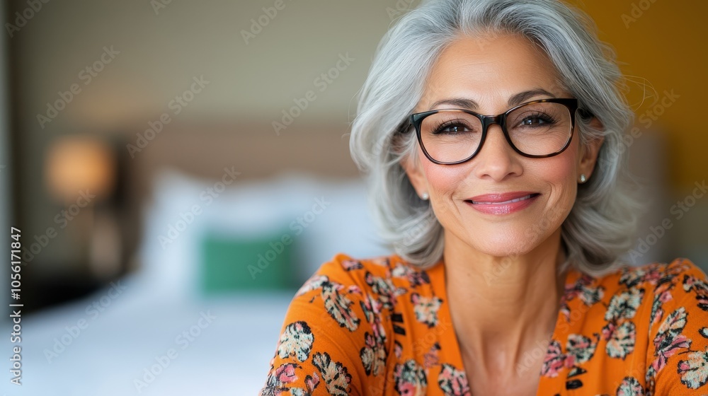 A mature woman wearing glasses beams with a friendly smile as she enjoys the comforting, cozy ambiance of a well-decorated room, exuding warmth and ease. A mature woman wearing glasses beams with a friendly smile as she enjoys the comforting, cozy ambiance of a well-decorated room, exuding warmth and ease.