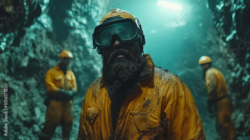 Miners wearing safety gear work in a well-lit underground tunnel during the day shift photo