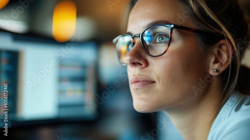 A woman with glasses intensely looks at a computer screen, reflecting on the blend of technology and concentration in a dynamic and modern work environment. photo