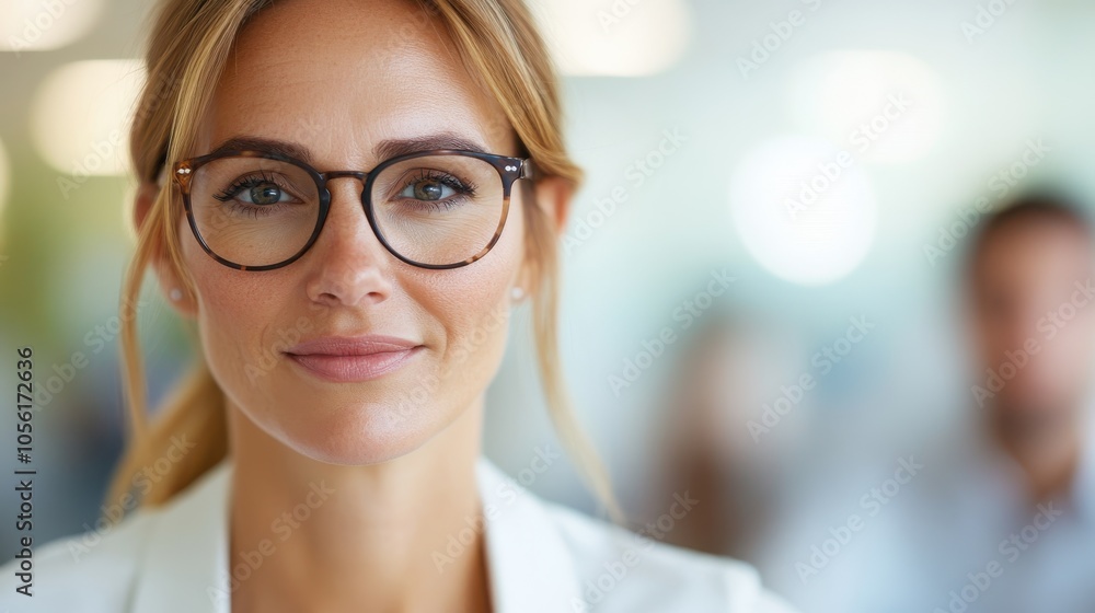 A confident woman wearing glasses stands in a professional setting, embodying intelligence and readiness, with a blurred background suggesting a business environment. A confident woman wearing glasses stands in a professional setting, embodying intelligence and readiness, with a blurred background suggesting a business environment.