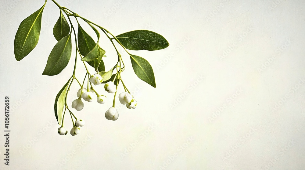 A white-flowered tree branch with green leaves on a white background A white-flowered tree branch with green leaves on a white background