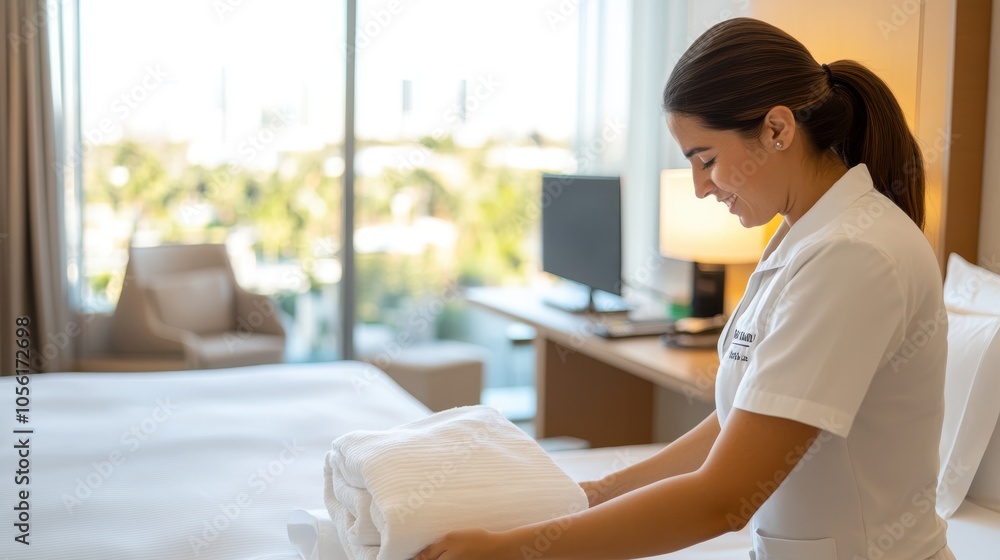 Retouched eco-friendly crisp linens for a luxurious stay are being set on the bed by a focused, hard-working housekeeper in a well-lit, comfortable hotel room. Retouched eco-friendly crisp linens for a luxurious stay are being set on the bed by a focused, hard-working housekeeper in a well-lit, comfortable hotel room.