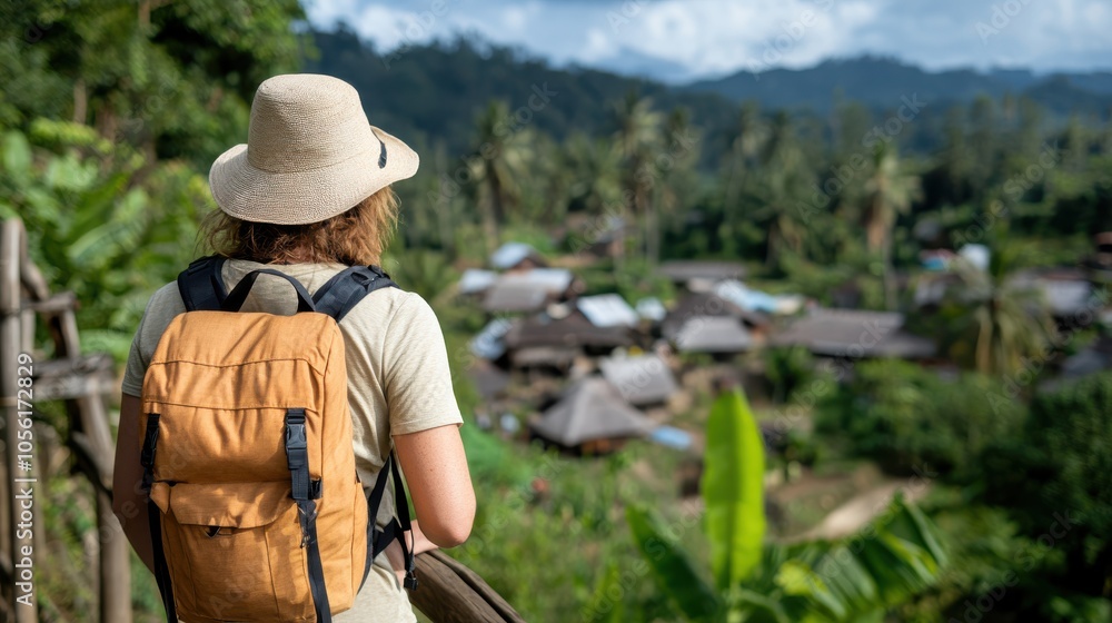 A woman, wearing a hat and carrying a backpack, overlooks a lush jungle landscape with a remote village nestled among the trees under a bright sky. A woman, wearing a hat and carrying a backpack, overlooks a lush jungle landscape with a remote village nestled among the trees under a bright sky.